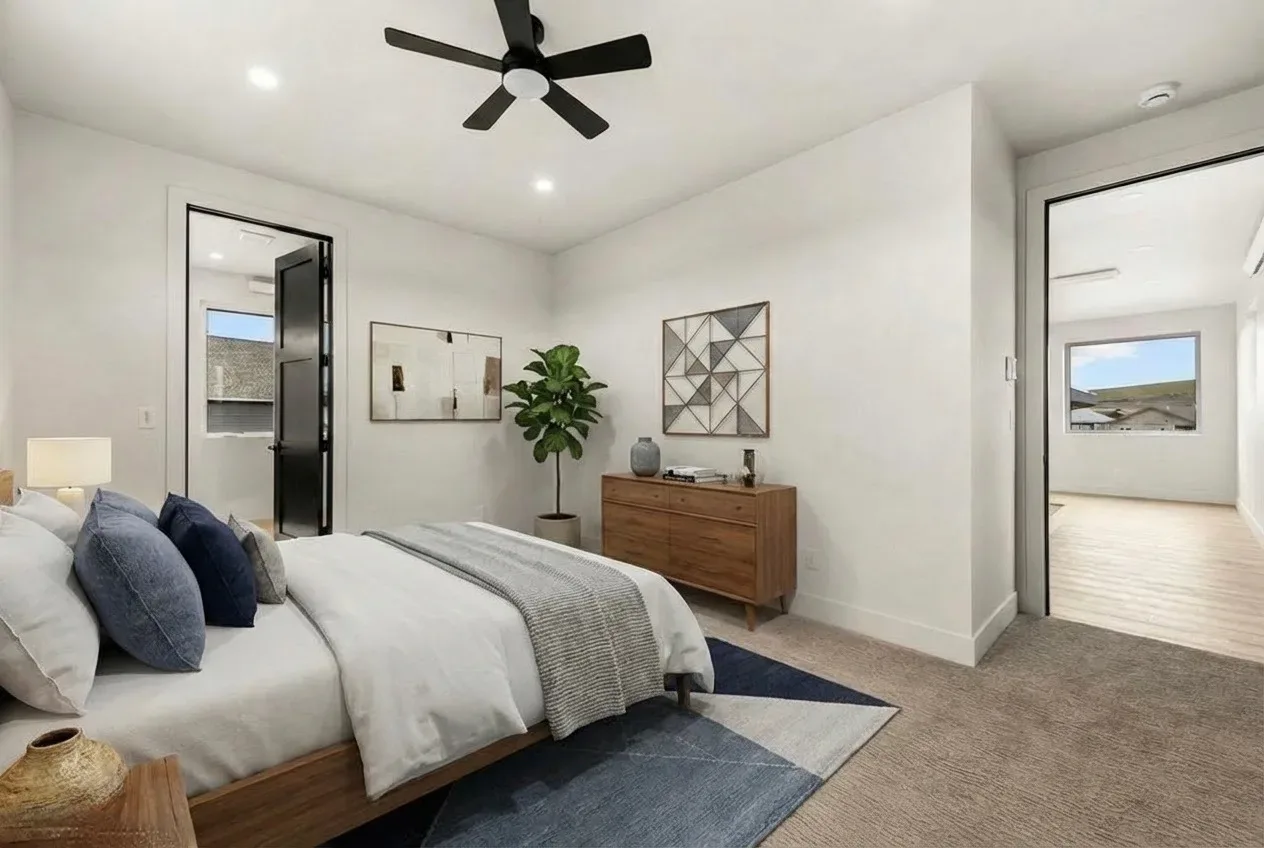 Modern master bedroom with natural light