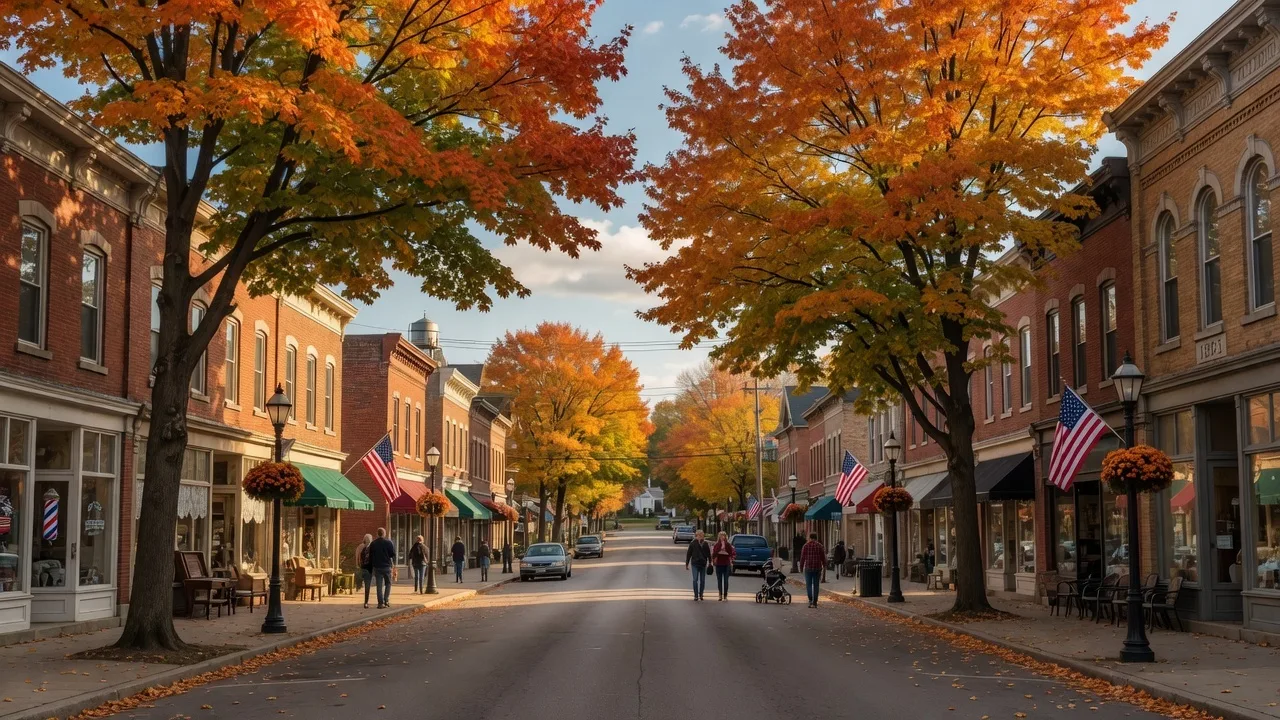 Tree-lined suburban street in Northeast Ohio with mature autumn foliage