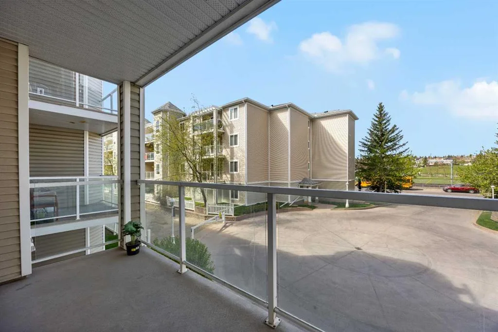 Covered balcony overlooking courtyard