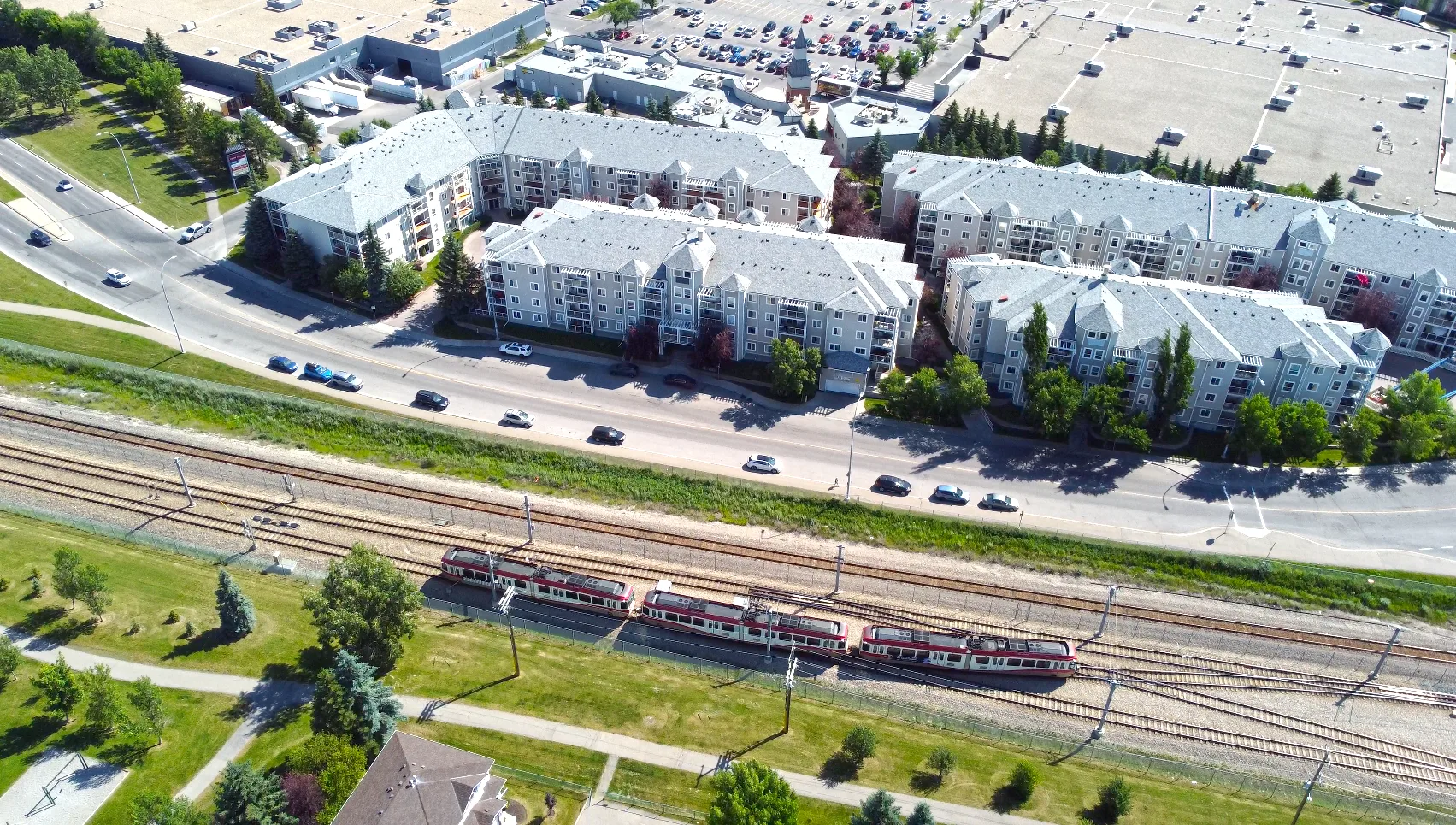 Aerial drone shot showing LRT proximity