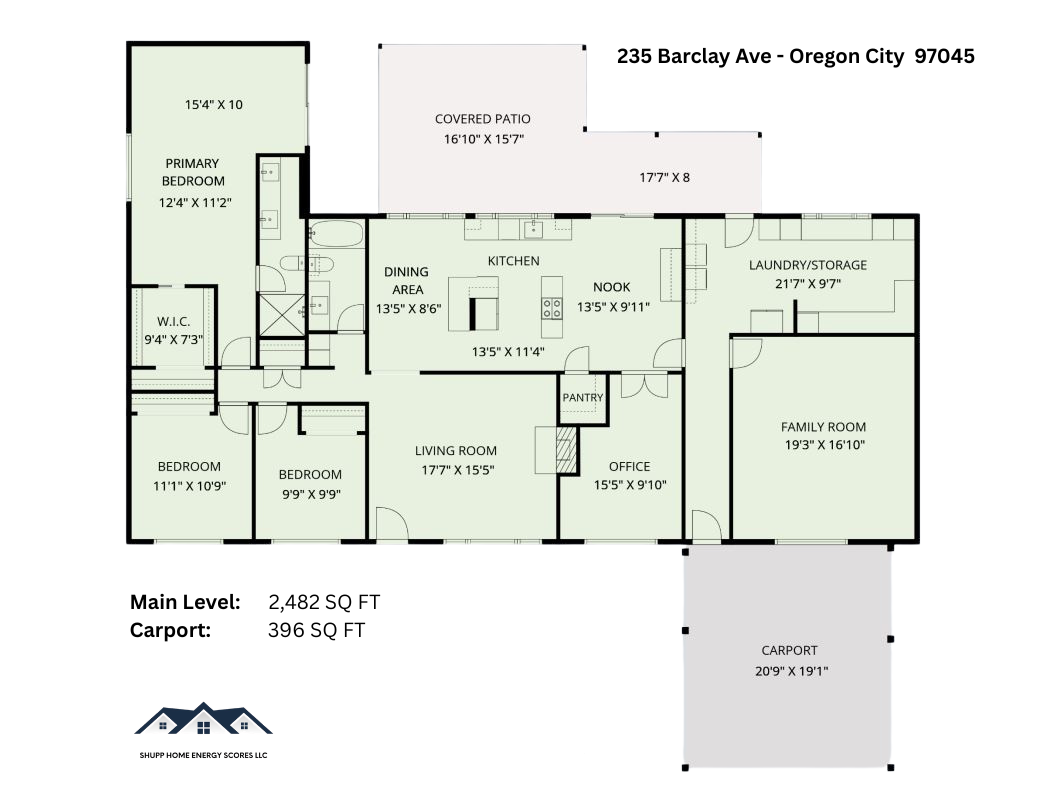 Floor plan of 235 Barclay Ave showing the single-level layout with three bedrooms, office, and bonus room