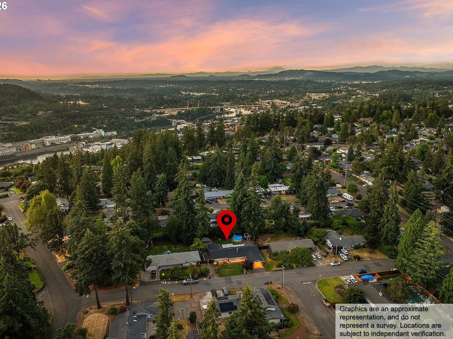 Aerial view of the Rivercrest neighborhood at golden hour
