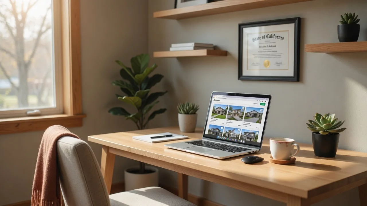 Real estate professional's desk with laptop and paperwork