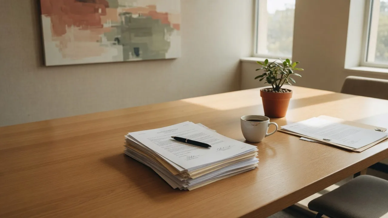 Real estate closing table with documents and pen