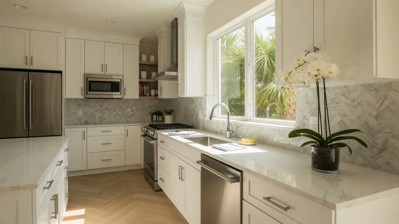 Beautifully renovated modern kitchen with white cabinets and stainless steel appliances