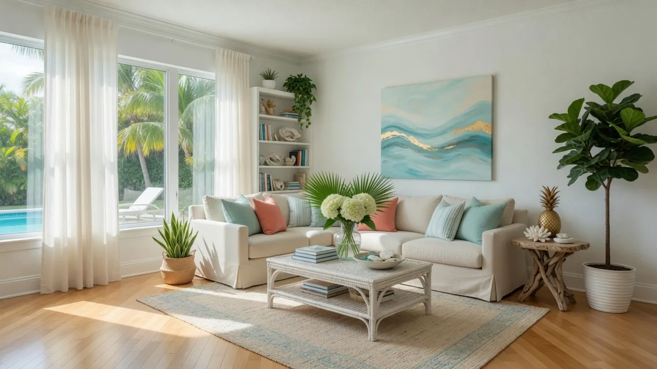 Beautifully staged South Florida living room with natural light
