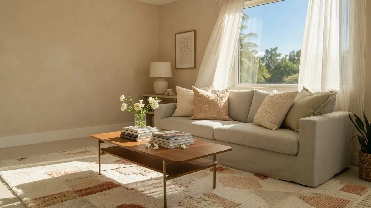 Beautifully staged South Florida living room with neutral decor and natural light