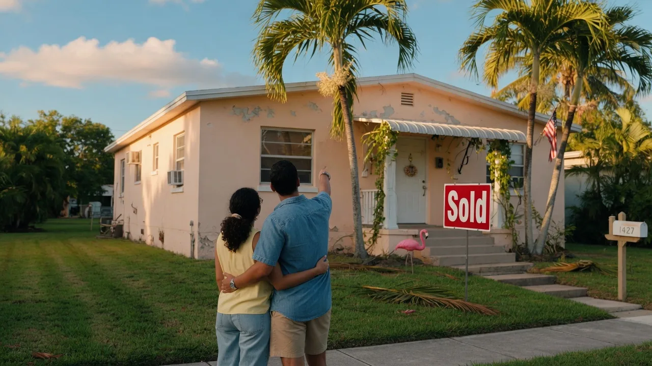 Young couple in front of a Florida home with sold sign