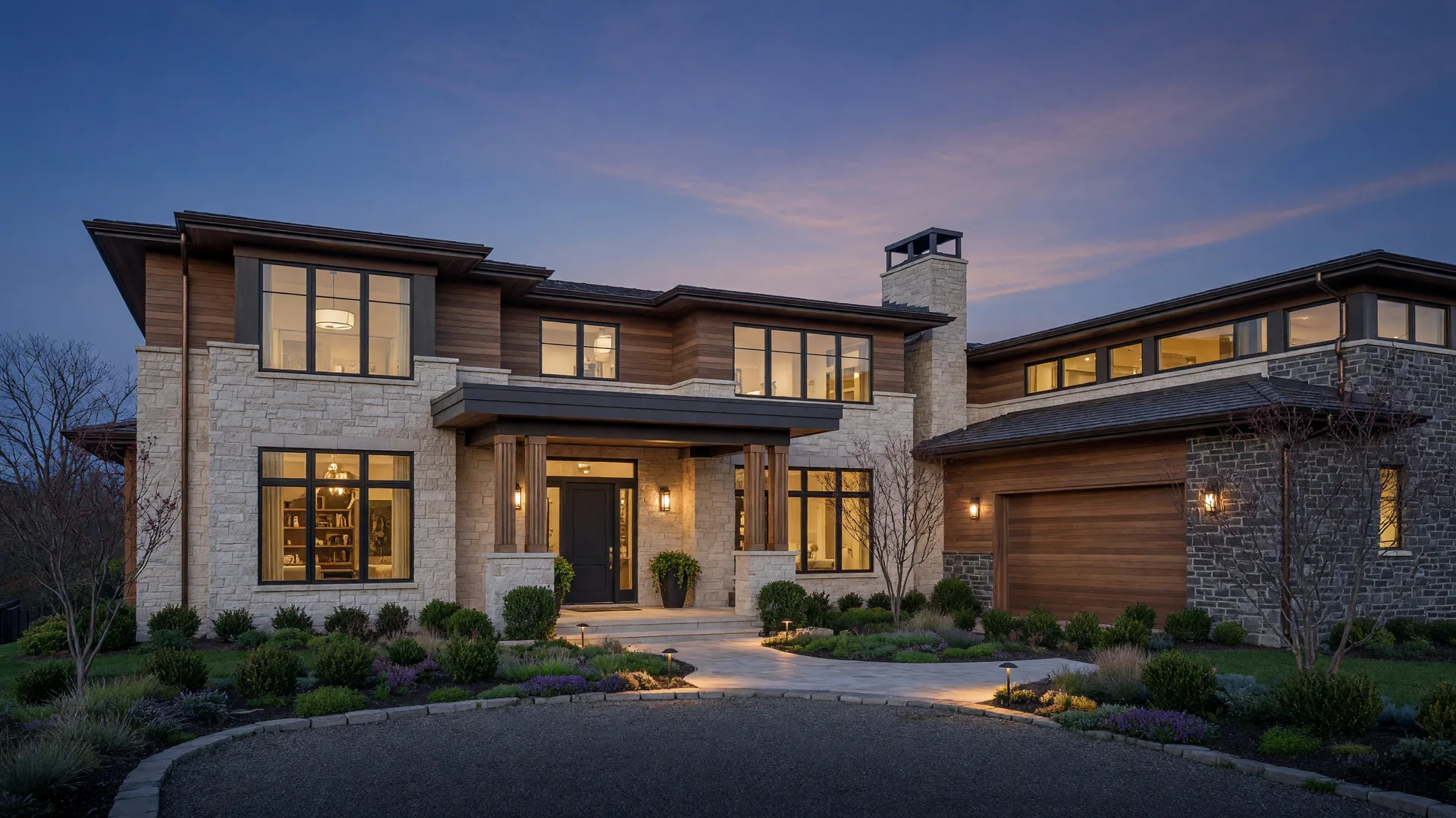 Elegant custom home in Kansas City at dusk with warm window lighting and refined landscaping