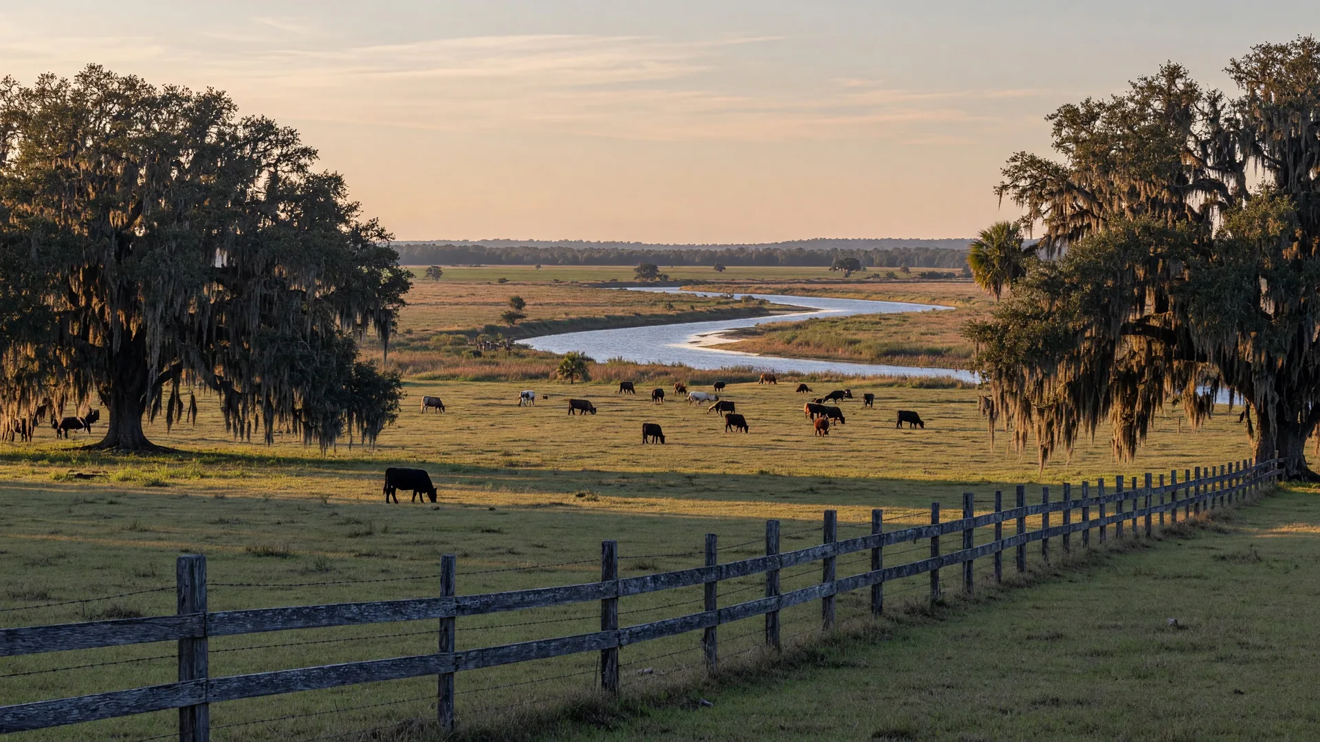 Wide-open rural landscape of Myakka City with the Myakka River winding through pasture and ancient oaks draped in Spanish moss