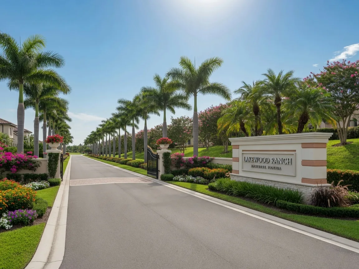 Beautiful Florida community entrance with palm trees
