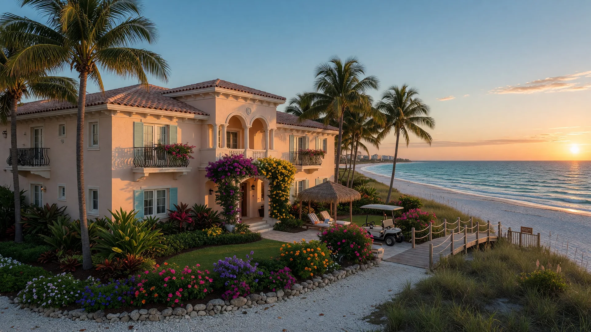 Upscale Longboat Key condominium with Mediterranean architecture overlooking the Gulf of Mexico