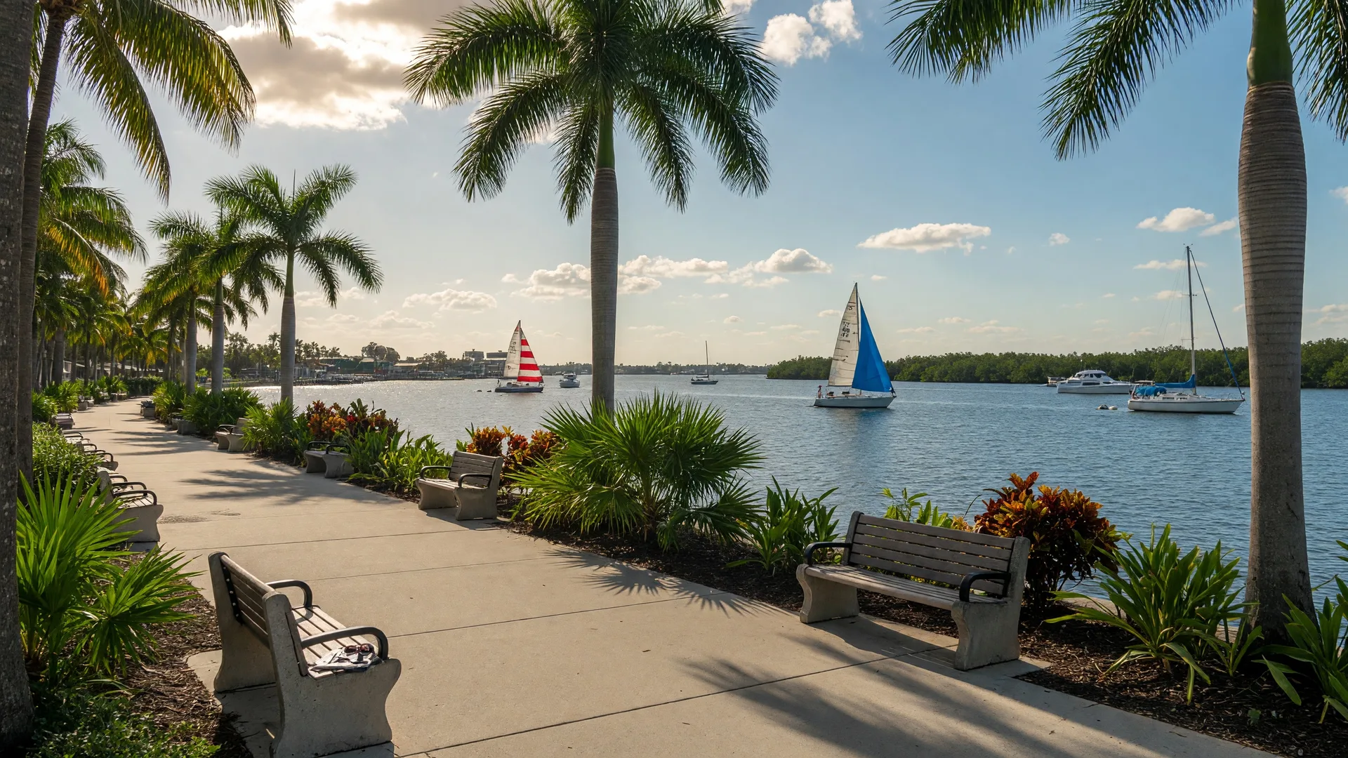 Bradenton Riverwalk along the Manatee River with lush landscaping and sailboats