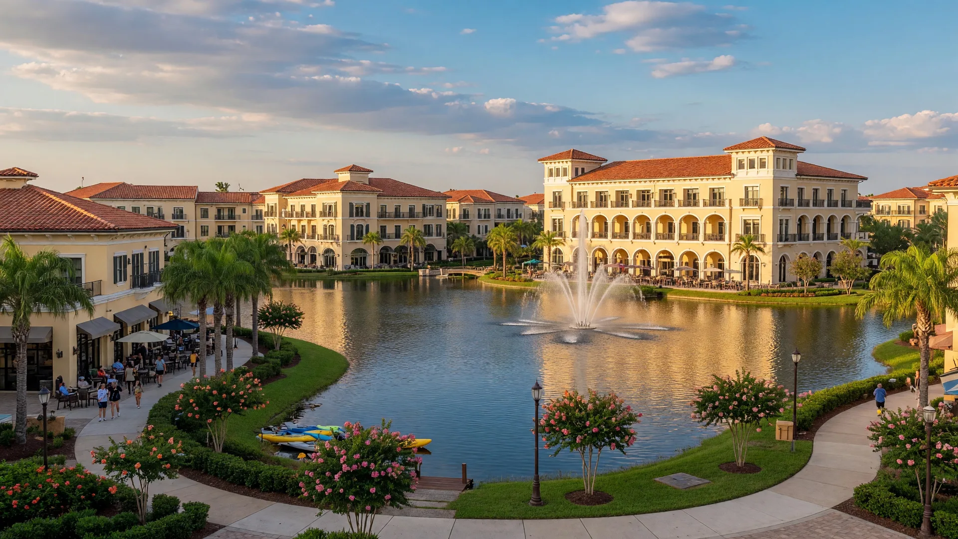 Waterside Place lakefront town center in Lakewood Ranch with fountains and Mediterranean architecture