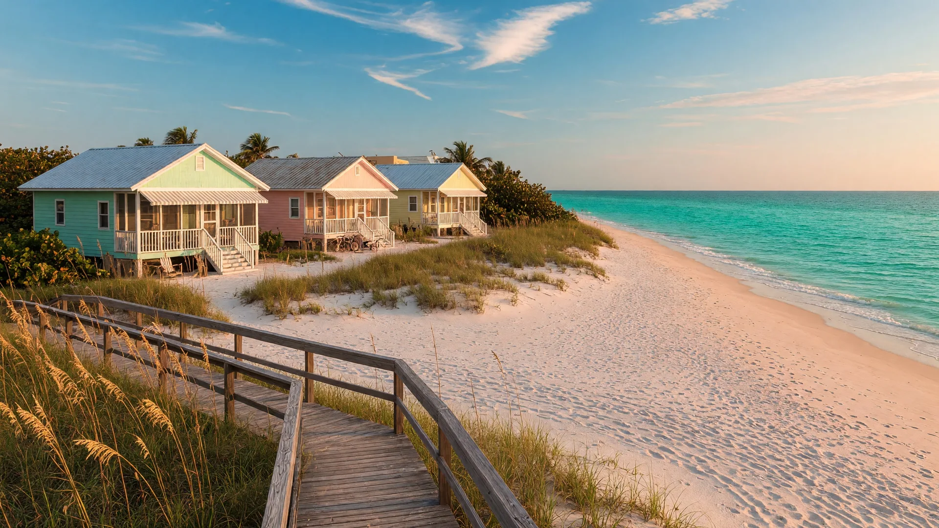Pristine Anna Maria Island beach with turquoise water, white sand, and classic beach cottages