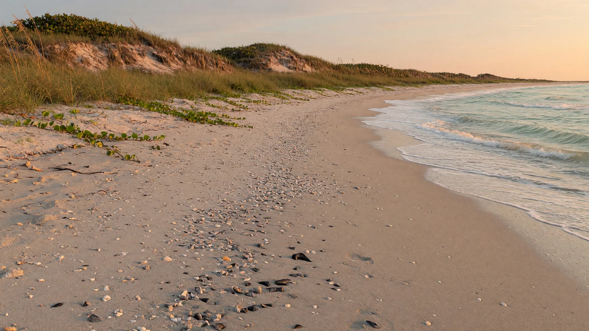 Venice Beach shoreline with natural dunes and sea grass where fossilized shark teeth are found