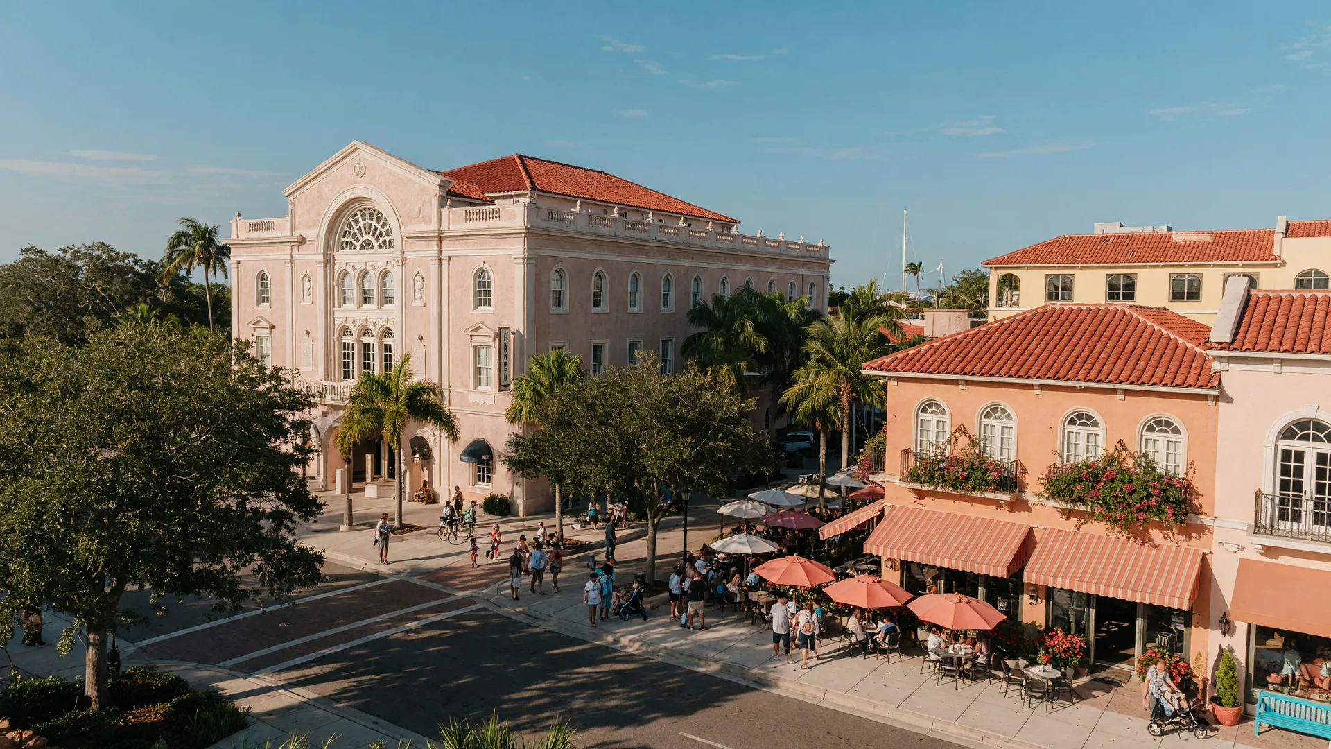 Downtown Sarasota cultural district with the historic Sarasota Opera House and Mediterranean architecture