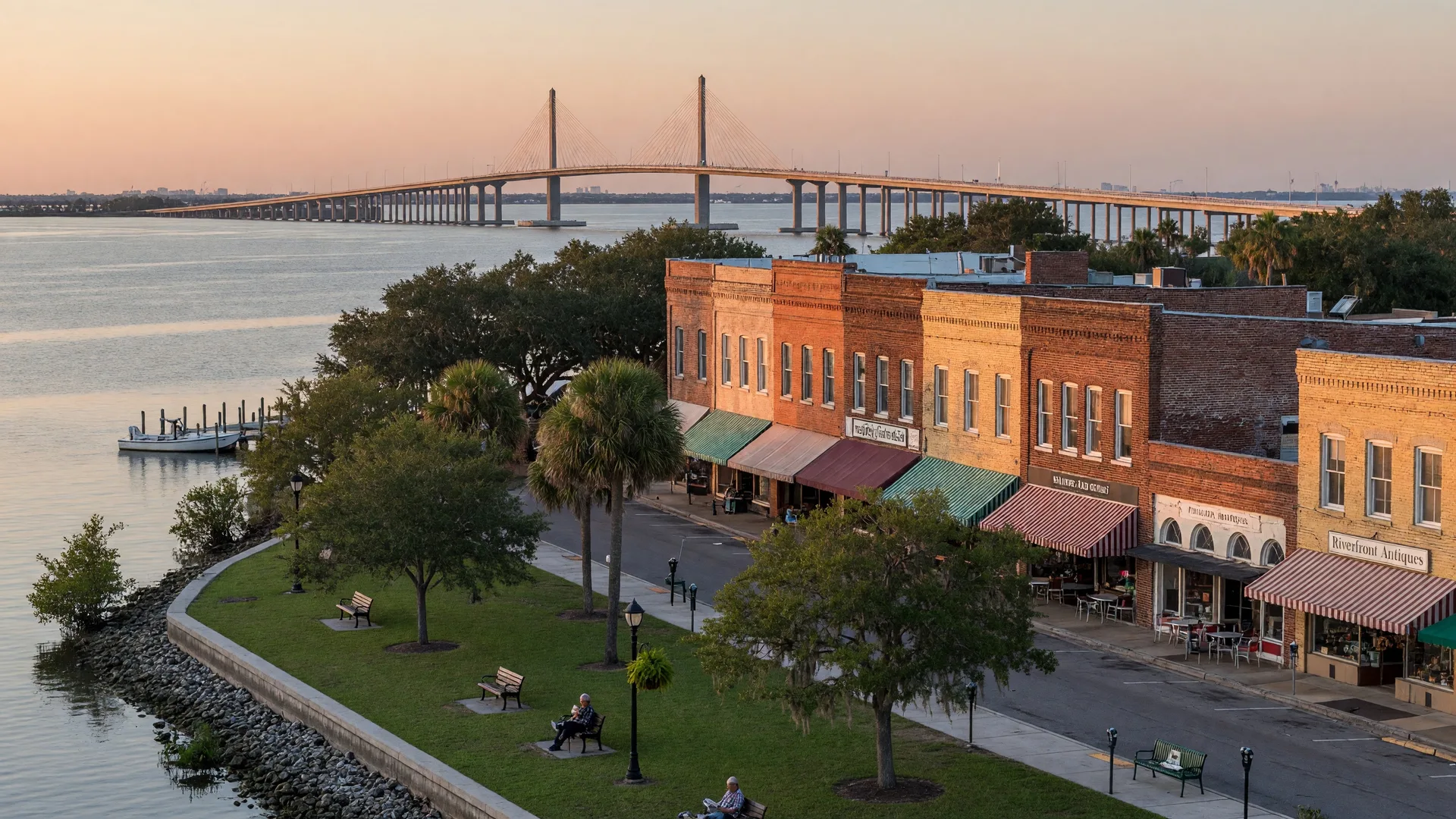 Historic downtown Palmetto with tree-lined streets and classic Florida architecture near the Manatee River