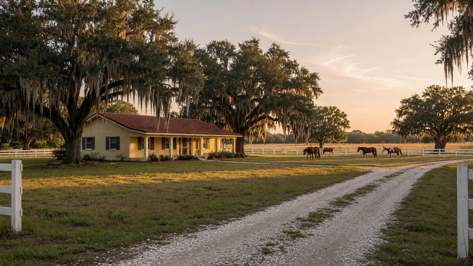 Rural ranch landscape in Parrish, Florida with oak trees and pasture