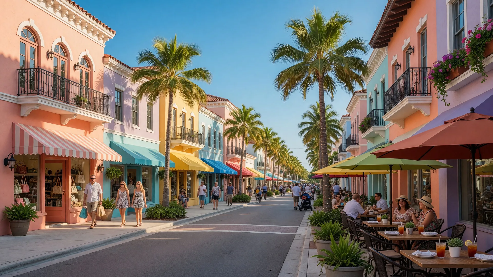 Downtown Sarasota street with Mediterranean architecture, shops, and outdoor dining