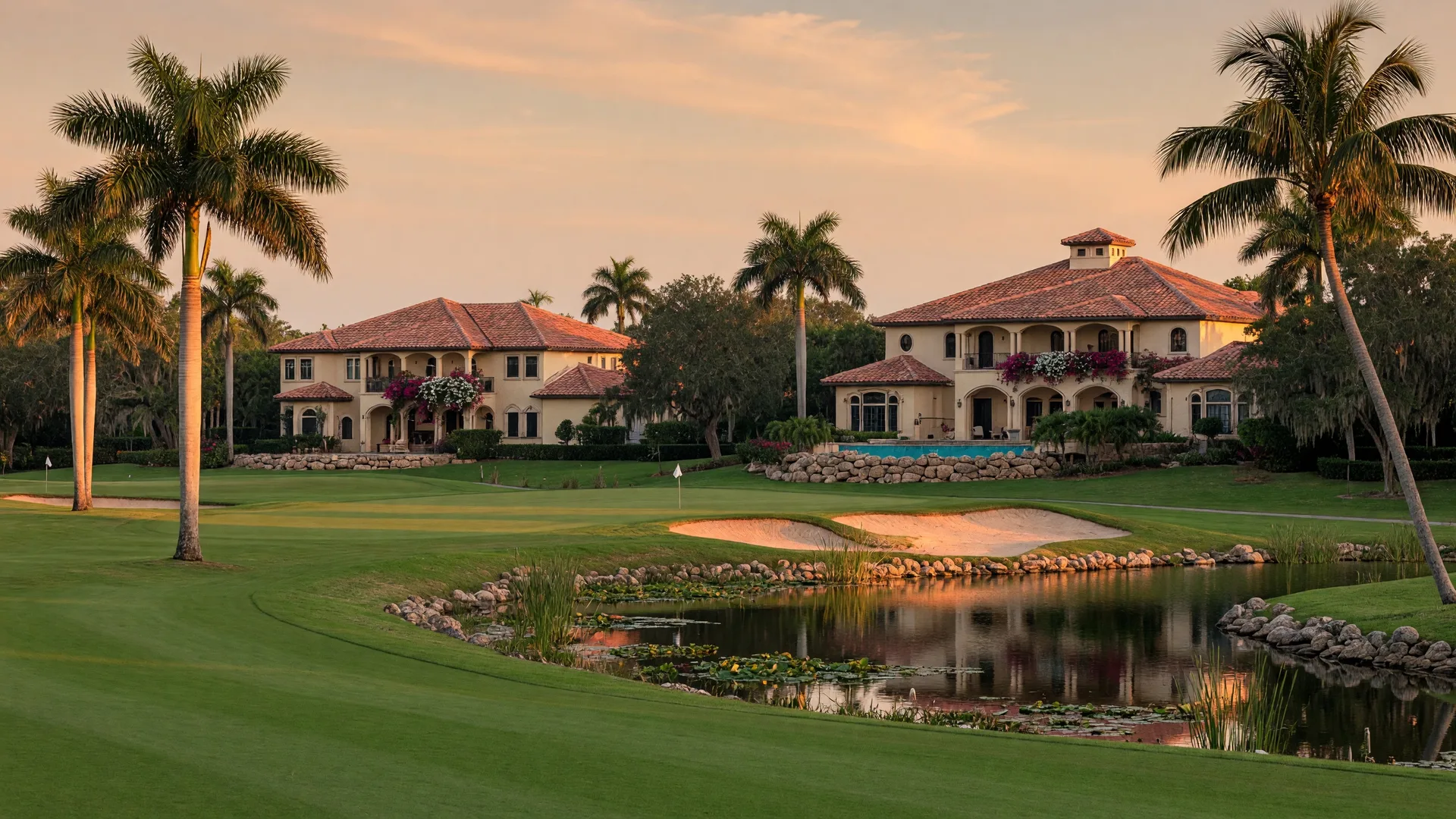 Lush green golf course with water hazards and Mediterranean-style homes in the background