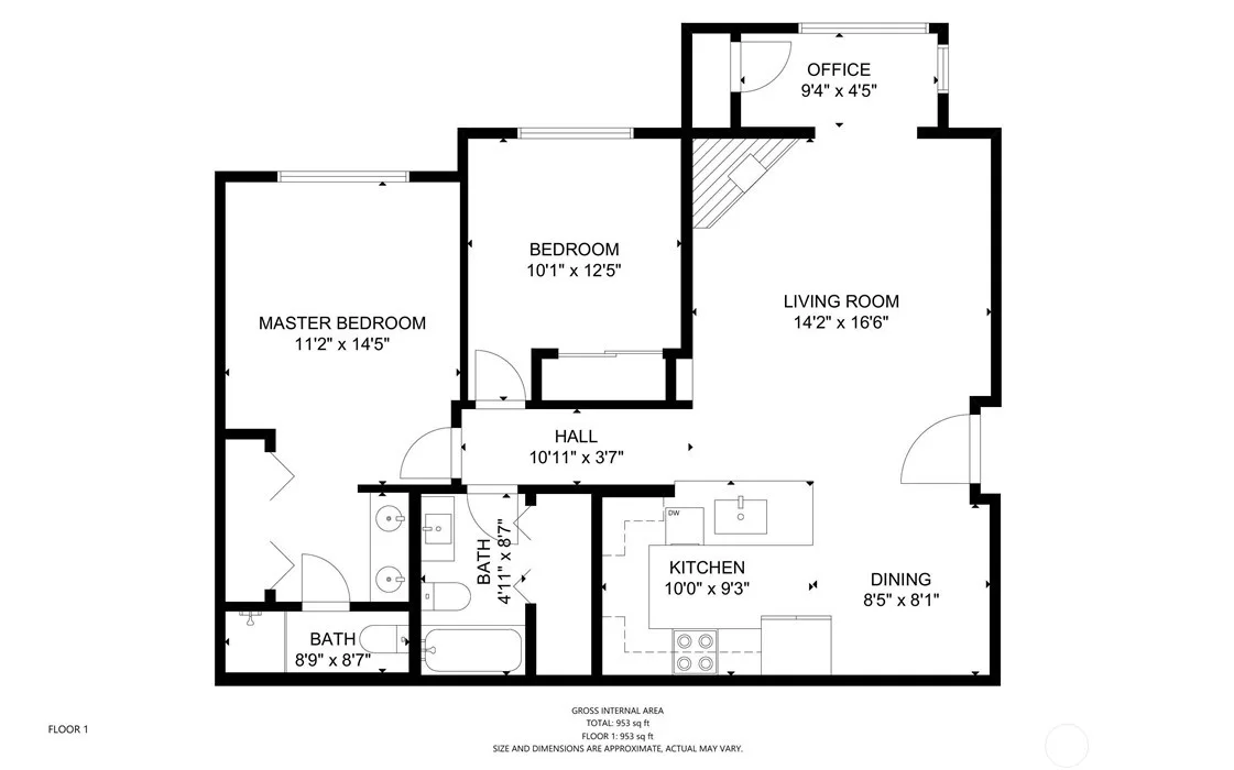 2D floor plan of the 2-bedroom condo showing living room, kitchen with island, dining area, two bedrooms, and two bathrooms