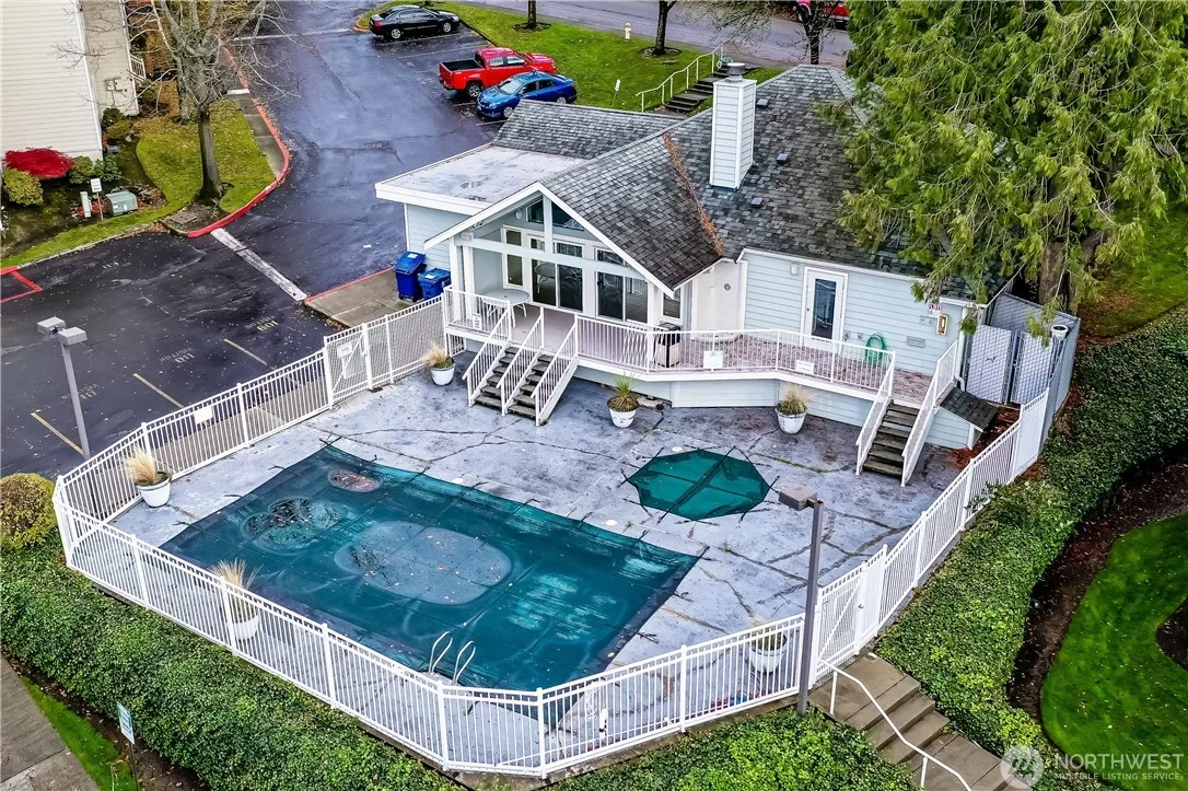 Aerial view of the shared pool area and building