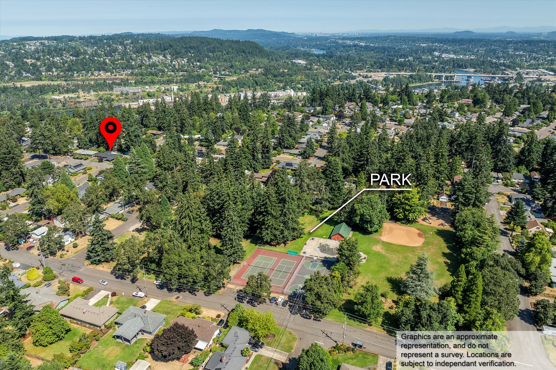 Aerial neighborhood view with Rivercrest Park highlighted