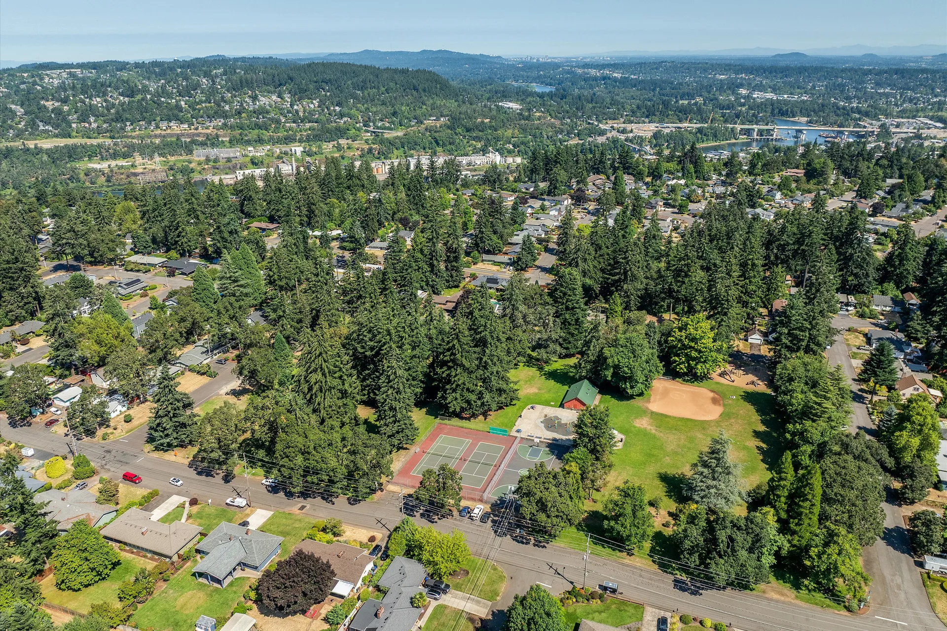 Wide aerial view of the neighborhood and Rivercrest Park