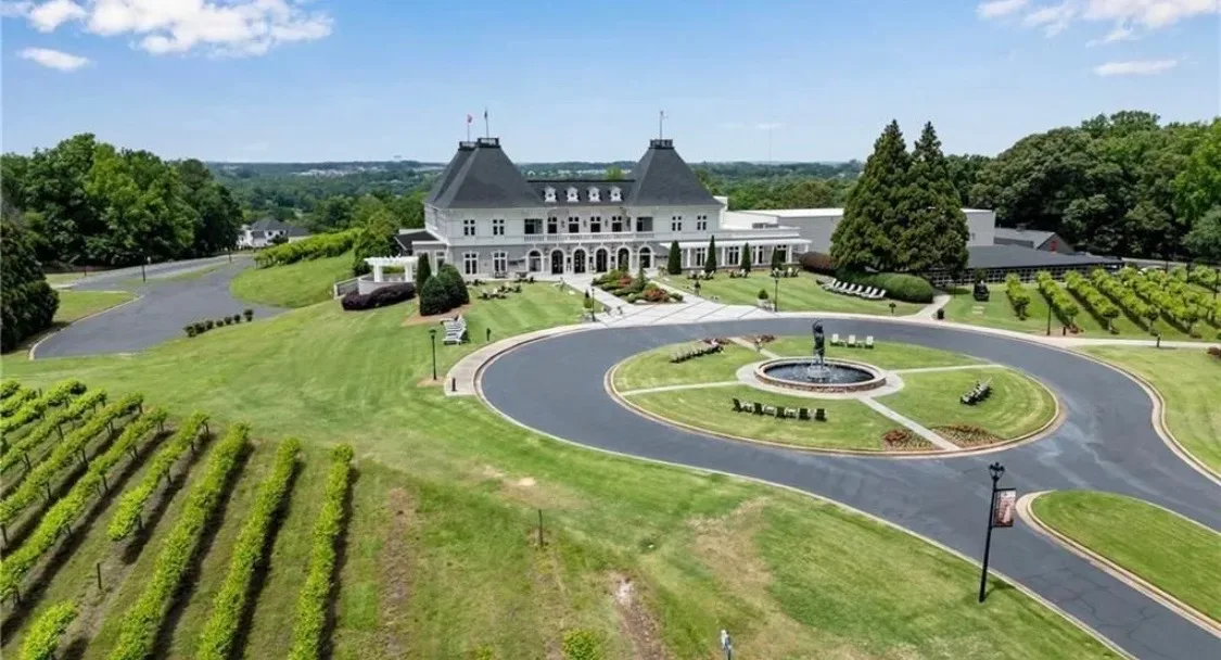 Aerial view of the Chateau Elan winery and resort estate surrounded by vineyards in Braselton Georgia
