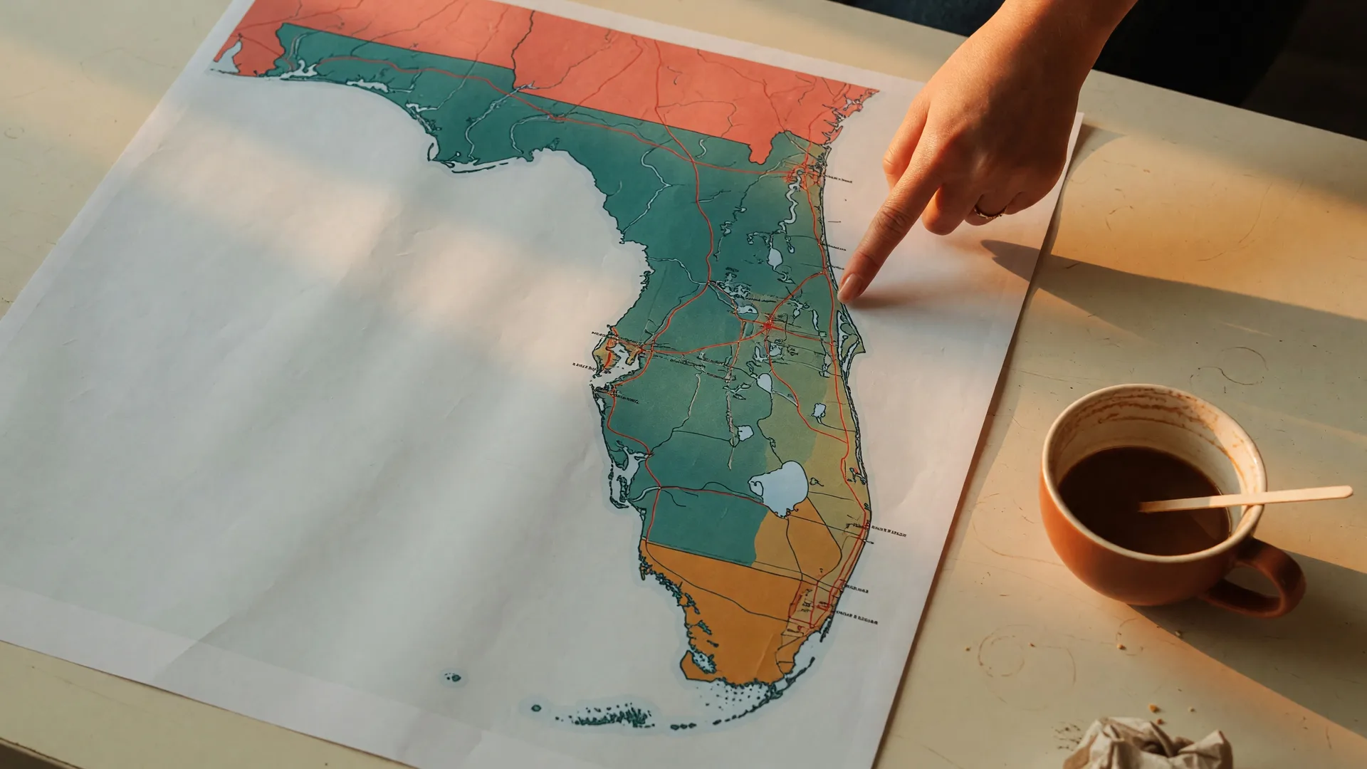 Aerial view of a Florida map being explored