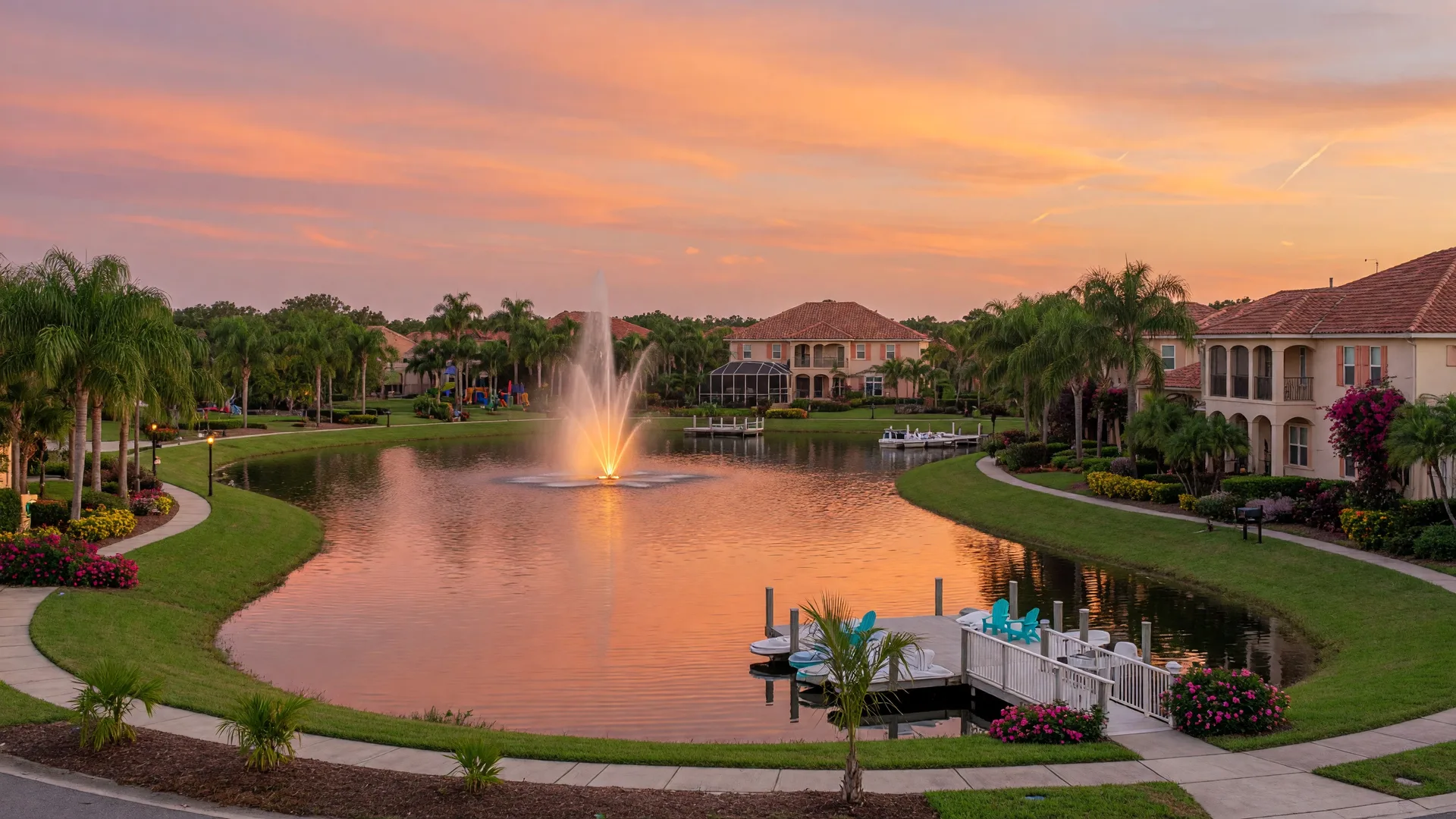 Central Florida lake community at golden hour with fountain and homes