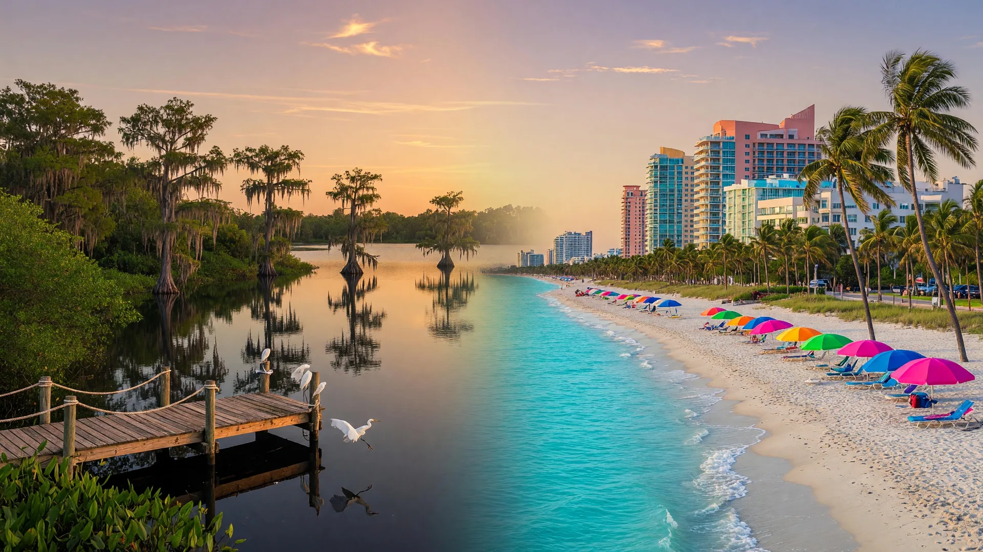 Split image showing North Florida lake living and South Florida beach lifestyle