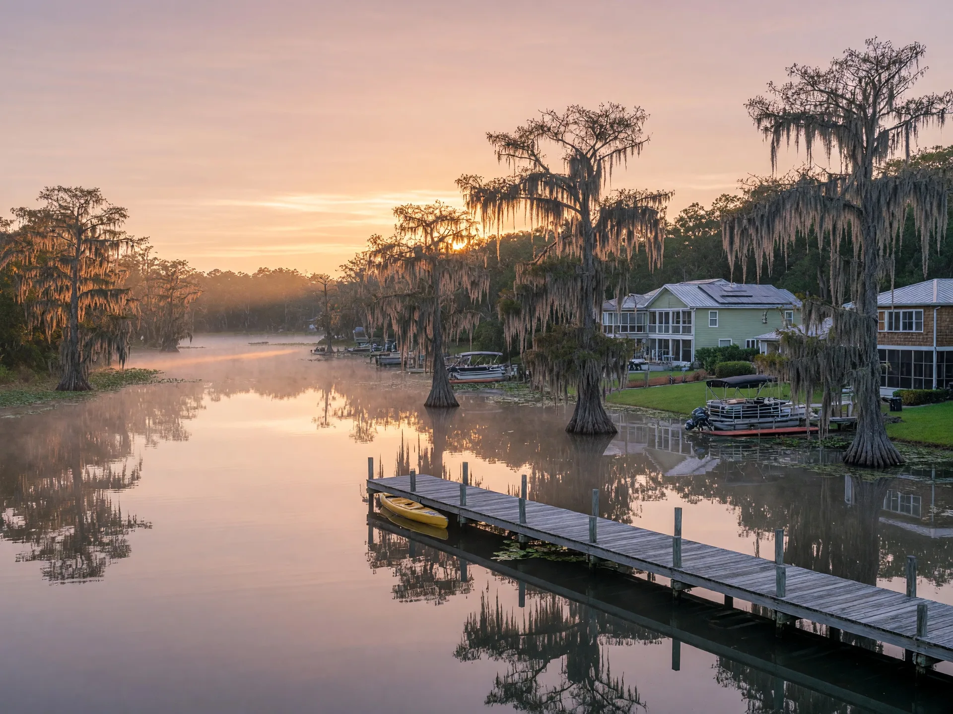 Serene lake community in Northern Florida at sunrise with cypress trees and wooden dock