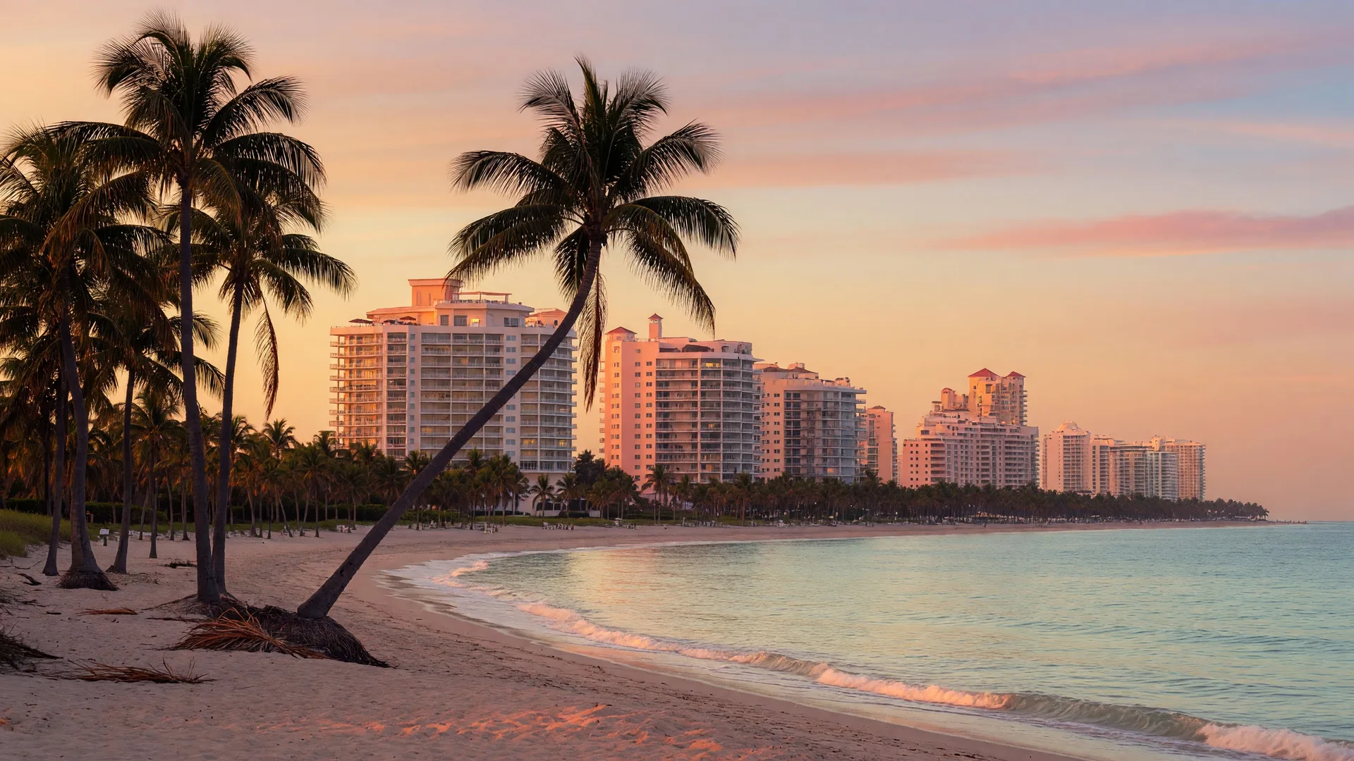 South Florida coastline at sunset with palm trees and turquoise water