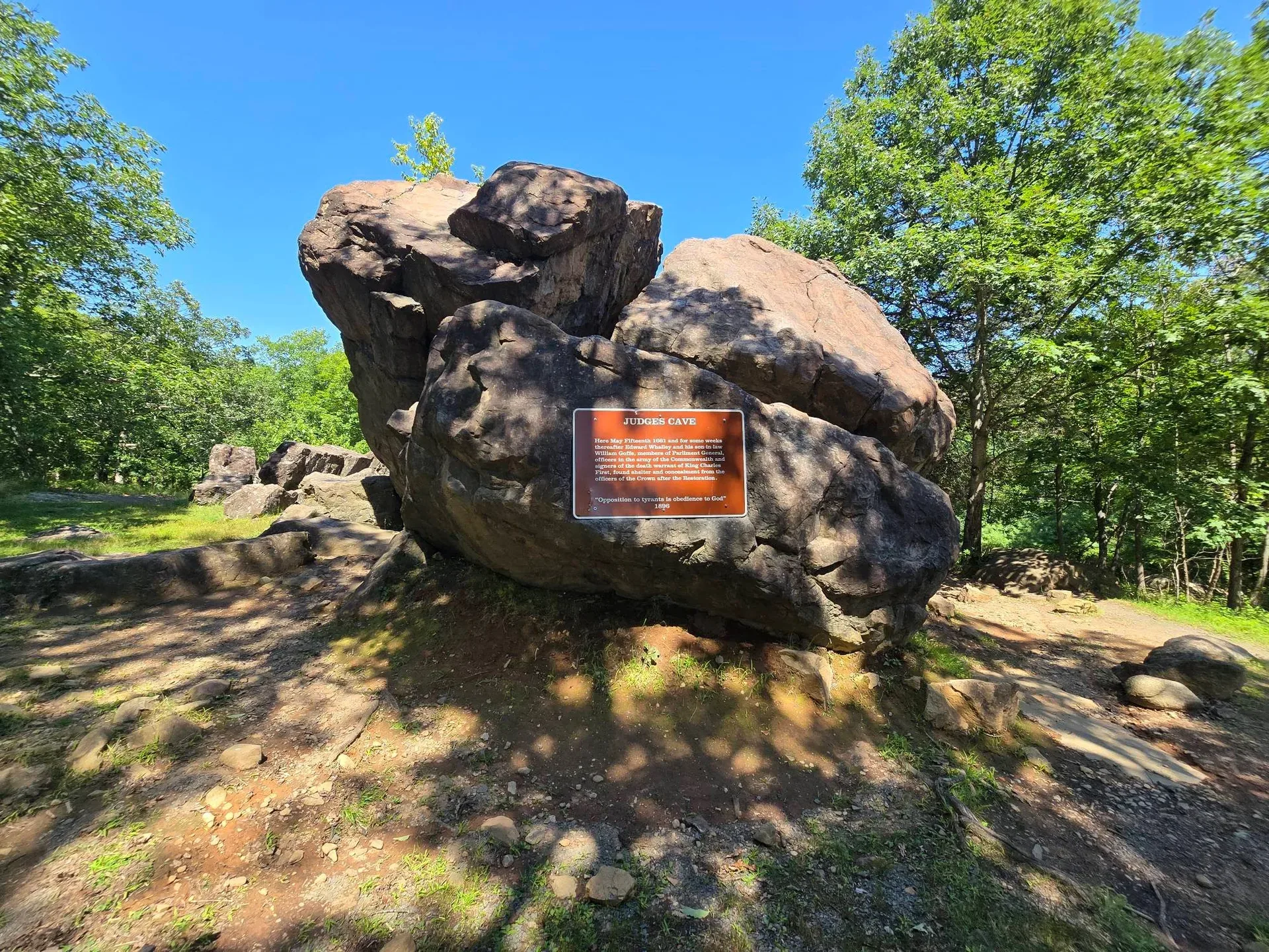 The rock formation at Judges Cave, formed by fractured diabase boulders on West Rock Ridge