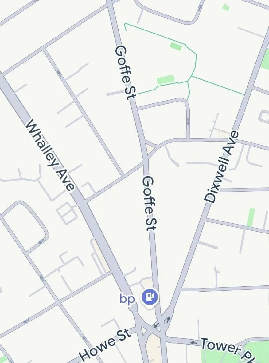 A map showing Whalley Avenue, Goffe Street, and Dixwell Avenue crisscrossing New Haven