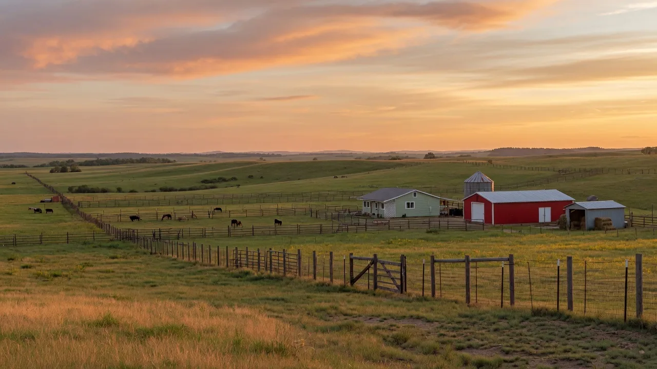 Wisconsin ranch property with open pasture and fencing at golden hour