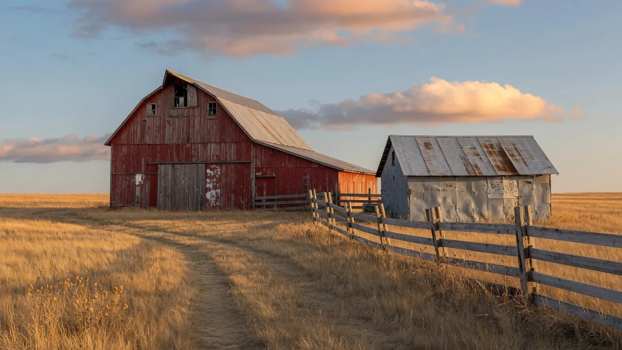 Open Wisconsin rangeland at golden hour with fence line and hay bales
