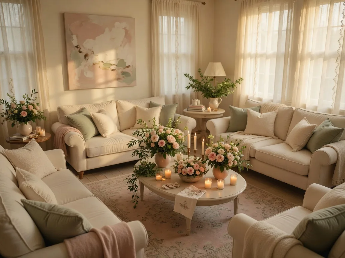 Warm, inviting community gathering space with candles and flowers