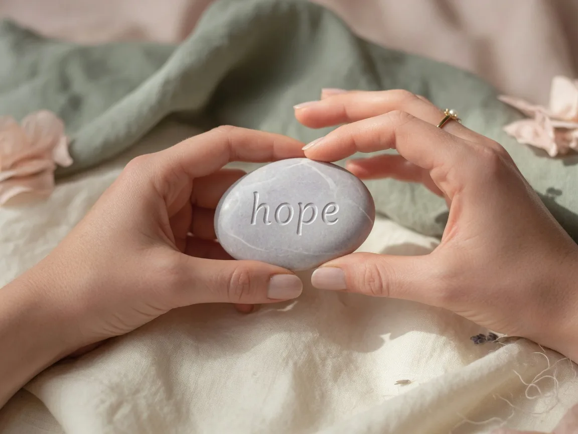 Women's hands holding a small stone with the word hope on cream linen fabric