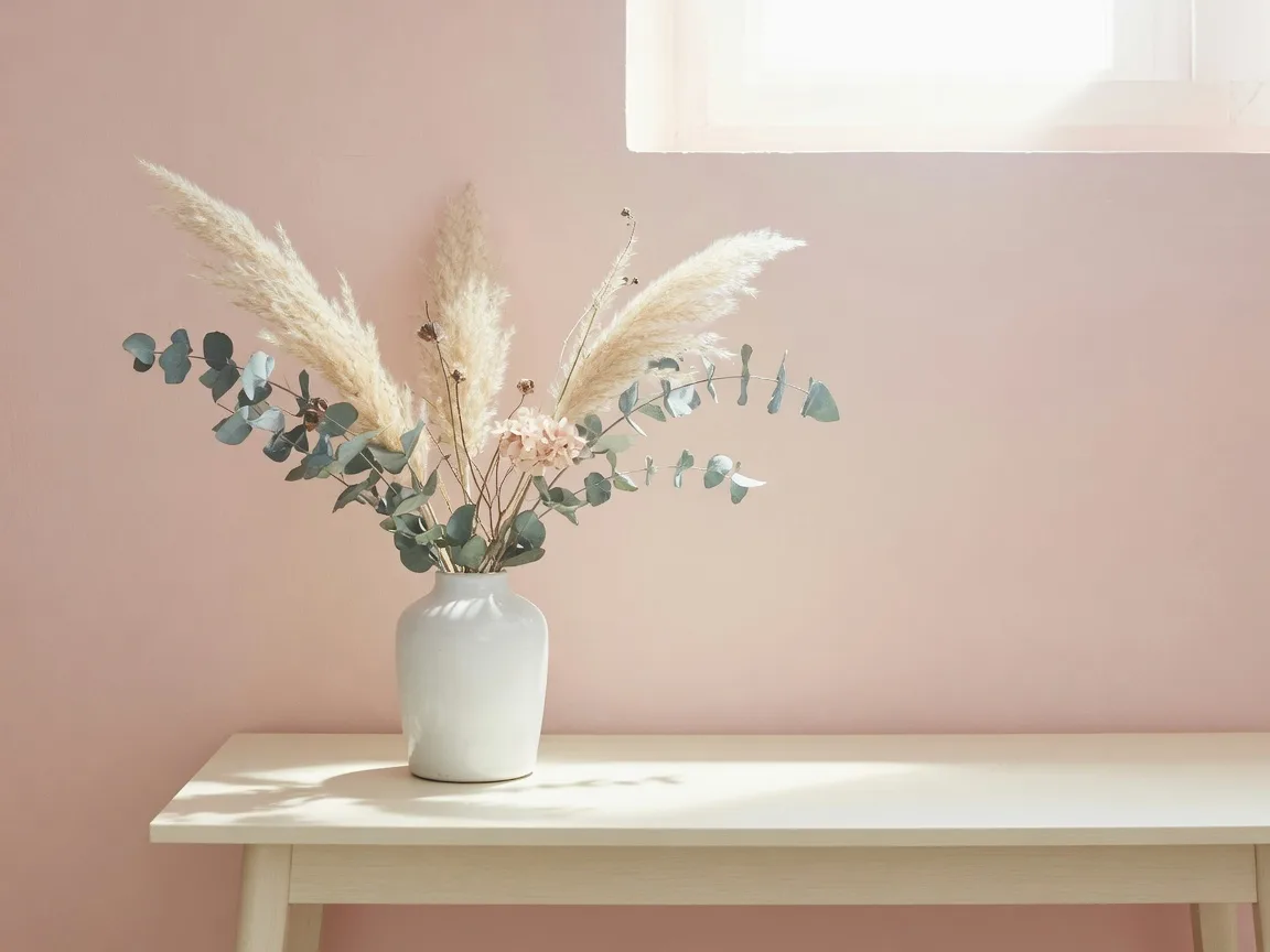 Dried pampas grass and eucalyptus in a white vase on a cream console table