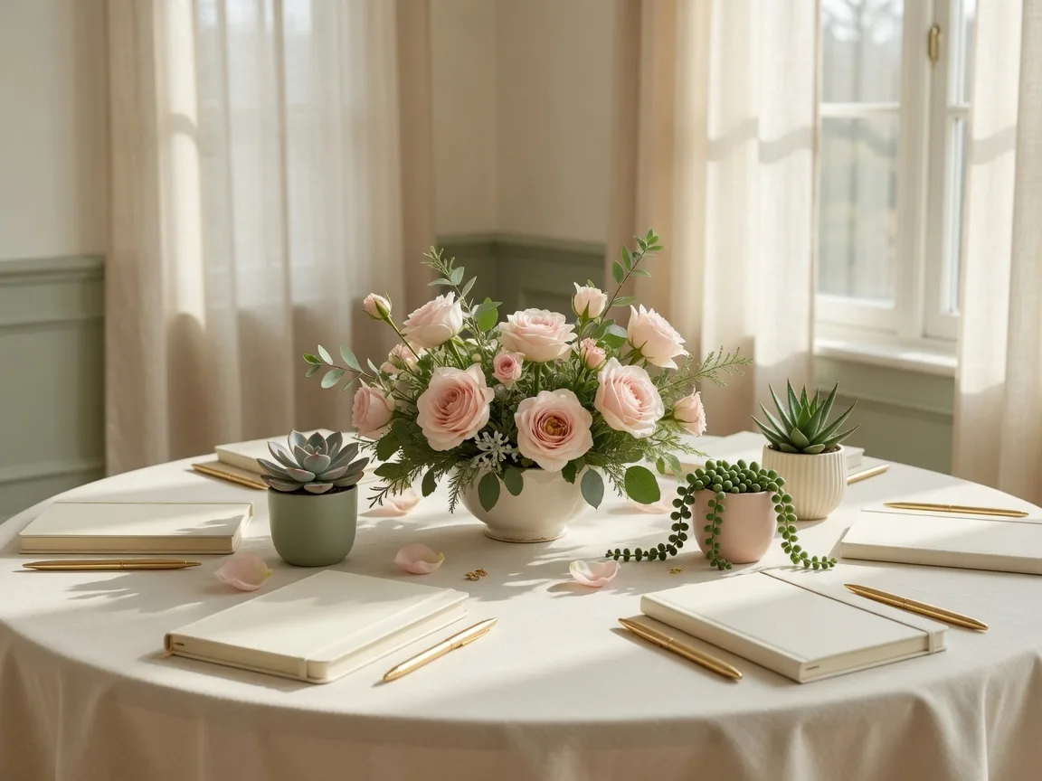 Workshop setting with notebooks, flowers, and soft natural light