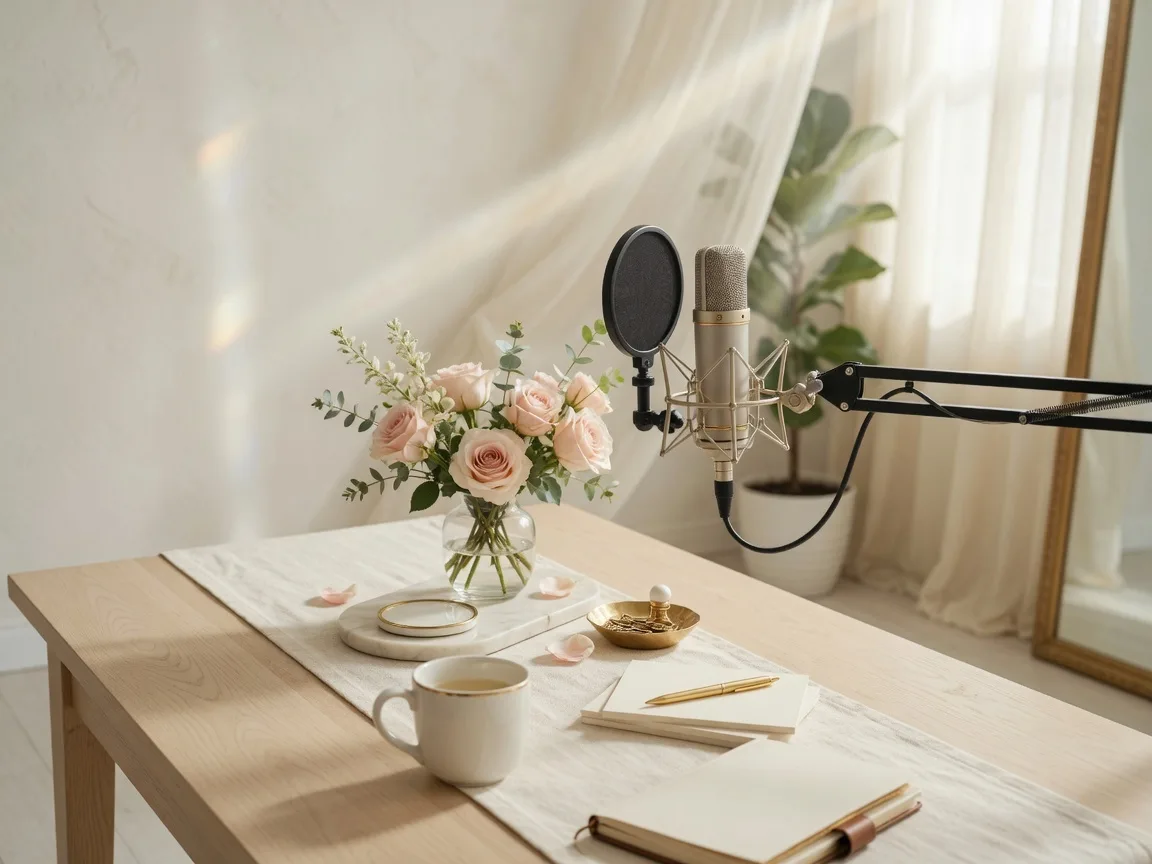 Podcast recording setup with soft florals and natural light