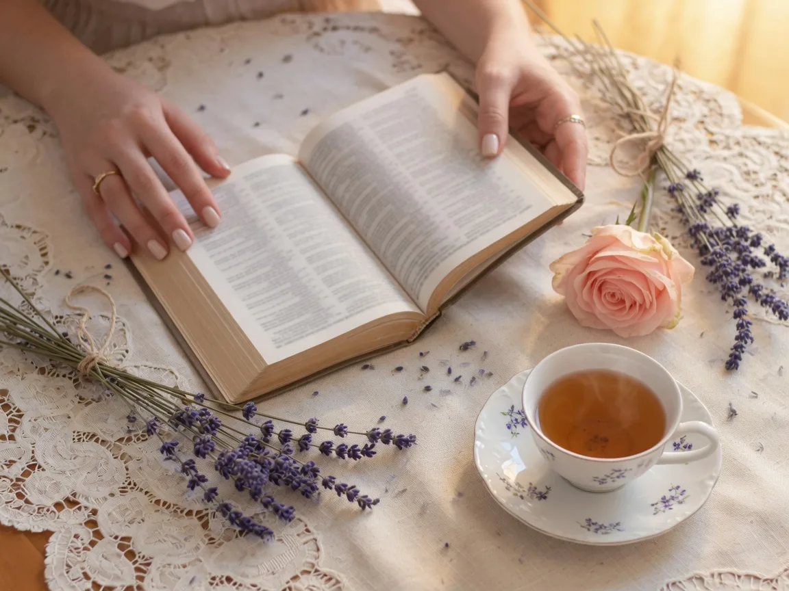 Hands holding an open Bible with dried lavender