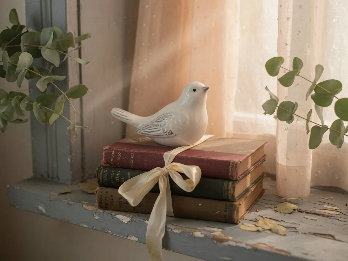White ceramic bird figurine on antique books