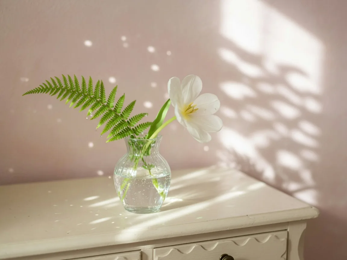 Fern frond and white tulip in a clear glass vase on a cream dresser