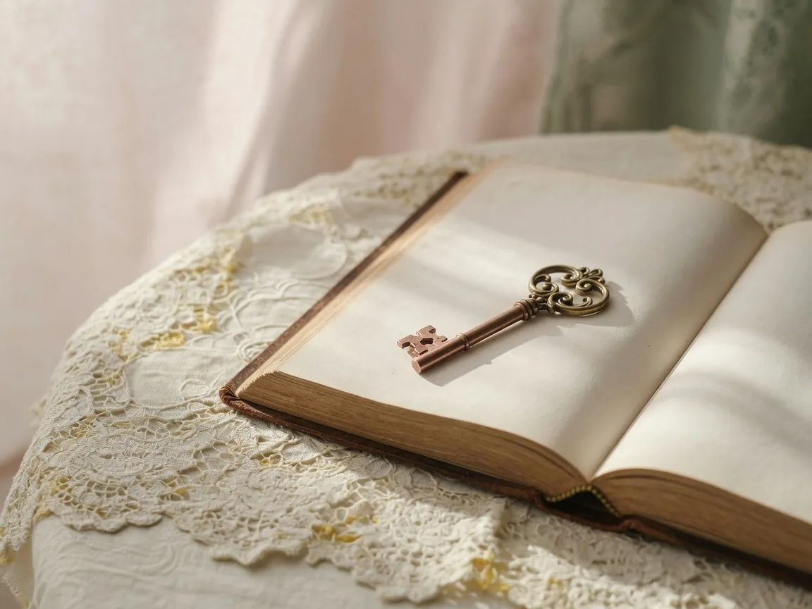 Brass key resting on an open Bible on a cream lace tablecloth