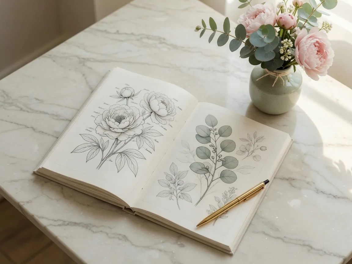 Open journal with botanical illustrations on a cream desk