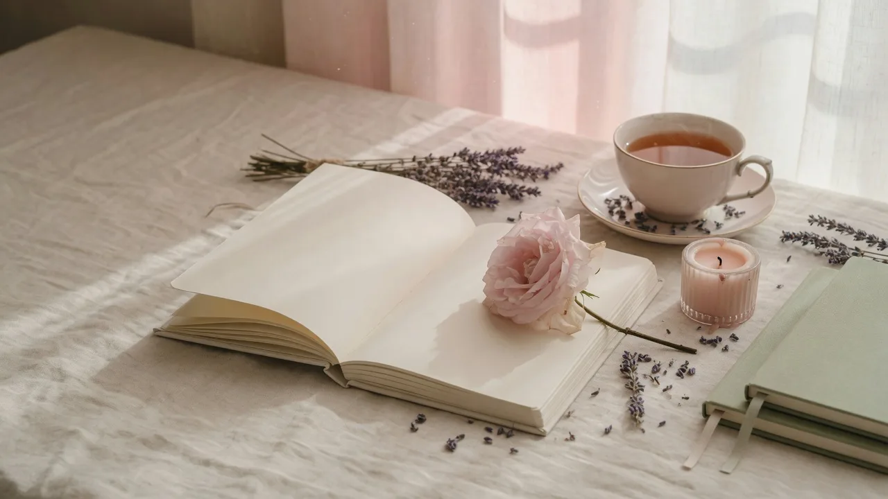 Open journal with dried lavender and tea on a cream linen desk
